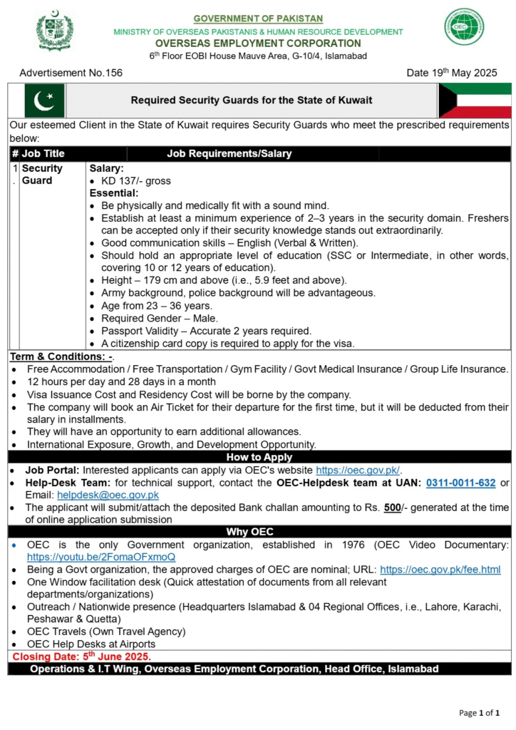 Kuwait Security Guard Jobs Advertisement 2025